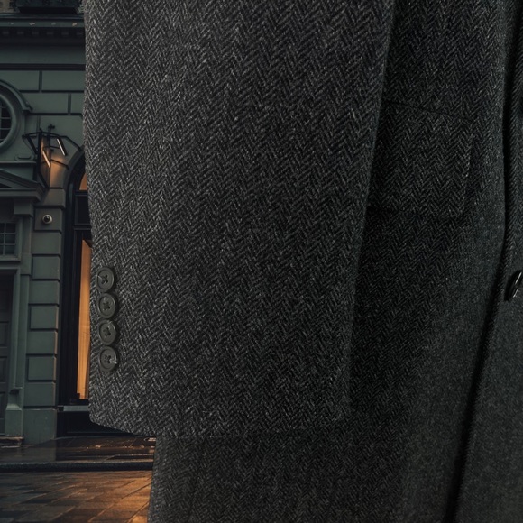 Herringbone Tweed Virgin Wool Trench Coat Black and Gray 44R - Picture 13 of 16